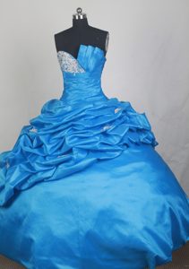 Baby Blue Strapless Cheap Taffeta Quinceanera Gown Dresses with Ruffles