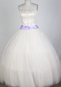 Strapless Taffeta and Tulle White Quinceanera Dresses with Lavender Belt