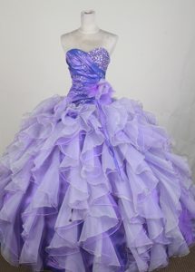 Sweet Ball Gown Sweetheart Ruffled and Ruched Quince Dress in Lavender