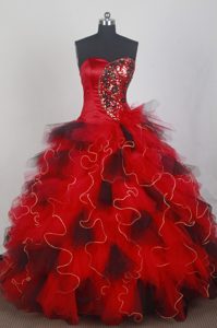 Sweetheart Red Beaded Organza Low Price Quince Dresses with Appliques