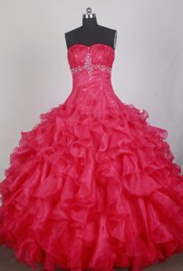 Sweetheart Red Ruffled Organza Quince Dress on Promotion with Beading