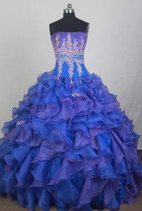 Strapless Blue Ruffled Sweet 16 Quinceanera Dress with Appliques on Sale