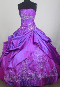Strapless Embroidery Decorate Ruched Taffeta Sweet 16 Dress in Fuchsia