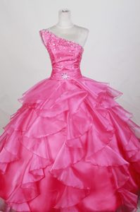 Nice One Shoulder Hot Pink Quinceanera Gowns in Taffeta and Organza