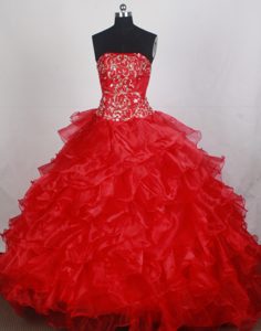 Red Real Sample Strapless Quince Dress with Ruffles and Beading on Sale