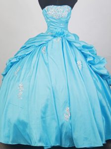 Strapless Beaded Taffeta Nice Dress for Quince in Baby Blue with Appliques