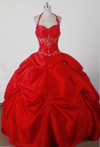 Halter Top Taffeta Dress for Quinceanera in Red with Beading on Promotion