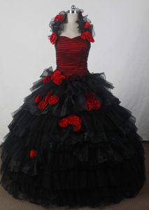 Halter Red and Black Sweet 16 Dress in Taffeta and Organza with Flowers