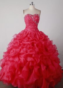 Custom Made Red Ruffled Sweetheart Beaded Sweet 16 Dress in Organza
