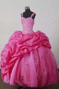 Elegant Straps Tulle Quinceanera Gown Dresses with Beading in Hot Pink