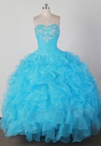 Nice Strapless Aqua Blue Beaded Organza Quinceanera Gown with Ruffles