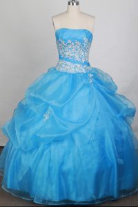 Custom Made Strapless Beaded Organza Quinceanera Dress in Light Blue
