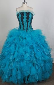 Strapless Organza Cheap Quinceanera Dresses with Appliques and Ruffles