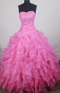 Hot Pink Sweetheart Organza Quinceanera Gown Dresses with Beading