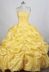 New Strapless Taffeta Beaded Real Sample Quinceanera Gown in Yellow