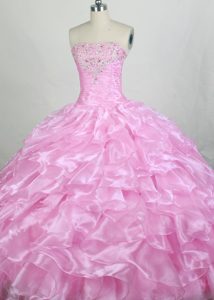 Pretty Strapless Rose Pink Quinceanera Gown with Beading in Organza