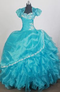 Sweetheart Organza Sweet Sixteen Dresses with Appliques in Aqua Blue