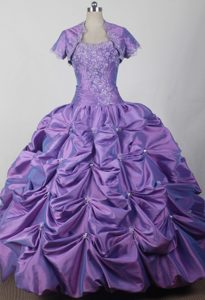 Purple Strapless Appliqued Real Sample Quinceaneras Gowns in Taffeta