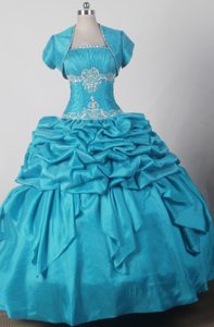 Aqua Blue Strapless Real Sample Quince Dress in Taffeta with Appliques