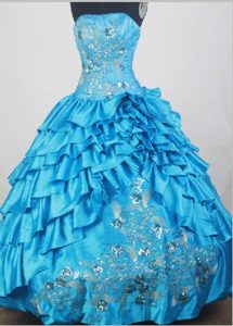 Blue Beaded and Appliqued Sweet Sixteen Quinceanera Dress in Taffeta