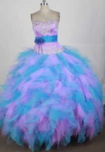 Best Blue Quinceanera Gown Dress with Beading and Flower in Organza