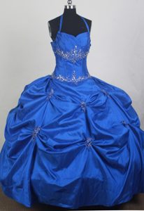 Blue Halter Top Taffeta Quinceanera Dresses with Appliques and Beading