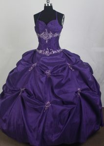 Appliqued and Beaded Purple Halter Top Quinceanera Dresses in Taffeta