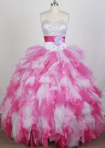 Pink and White Sweetheart Dress for Quinceanera with Beading and Sash