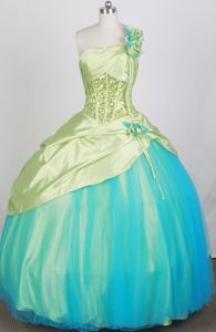Spring Green Taffeta and Organza Quince Dress with Beading and Flower