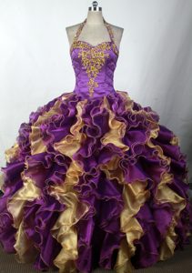 Halter Real Sample Quince Dresses with Beading and Appliques in Purple