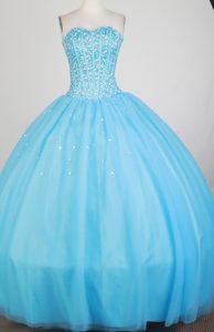 Luxurious Strapless Baby Blue Real Sample Quince Dresses with Beading