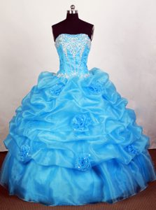 Best Strapless Organza Real Sample Quince Dresses in Blue with Beading