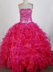 Hot pink Taffeta and Organza Dress for Quince with Appliques and Sequins