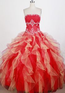 Modest Beaded Strapless Red Sweet Sixteen Dress in Taffeta and Organza