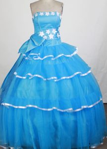 Appliqued and beaded Quinces Gowns in Aqua Blue in Taffeta and Organza