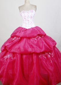 White and hot pink Strapless Embroidery Dress for Quinceanera in Taffeta