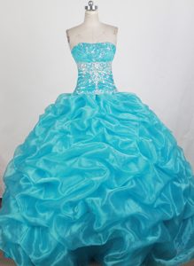 Strapless Taffeta Dress for Quince in Aqua Blue with Appliques and Beading