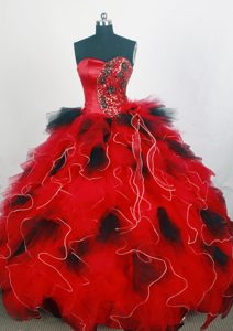 Sweetheart Red and Black Quince Dresses with Ruffles and Sequins on Promotion