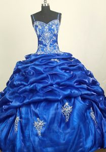Blue Appliqued Real Sample Dresses for Quince with Pick-ups and Straps for Fall