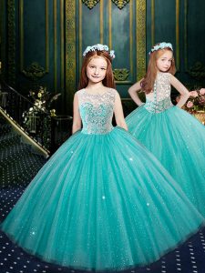 Blue Tulle Clasp Handle Scoop Sleeveless Floor Length Child Pageant Dress Appliques