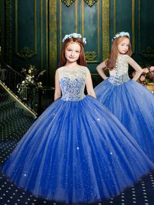 Flirting Blue Ball Gowns Tulle Scoop Sleeveless Appliques Floor Length Clasp Handle Pageant Dress