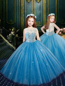 Scoop Blue Clasp Handle Kids Pageant Dress Appliques Sleeveless Floor Length