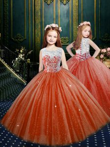 Custom Design Ball Gowns Pageant Gowns For Girls Orange Red Scoop Tulle Sleeveless Floor Length Clasp Handle