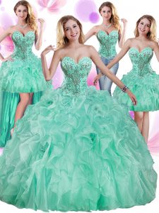 Four Piece Beading and Ruffles 15 Quinceanera Dress Apple Green Lace Up Sleeveless Floor Length