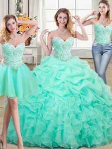 Three Piece Organza Sweetheart Sleeveless Lace Up Beading and Ruffles and Pick Ups Vestidos de Quinceanera in Apple Gree