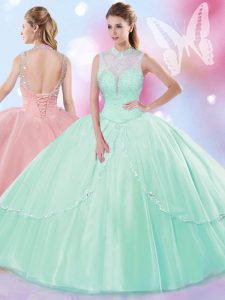 On Sale Apple Green Tulle Lace Up High-neck Sleeveless Floor Length Sweet 16 Dresses Beading