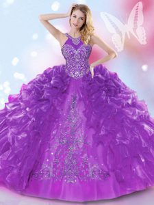Halter Top Purple Organza Lace Up Sweet 16 Dresses Sleeveless Floor Length Appliques and Ruffled Layers