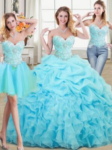 Three Piece Sleeveless Organza Floor Length Lace Up Quinceanera Dress in Aqua Blue with Beading and Ruffles and Pick Ups
