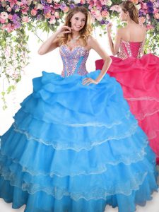 Romantic Floor Length Lace Up Ball Gown Prom Dress Baby Blue for Military Ball and Sweet 16 and Quinceanera with Beading