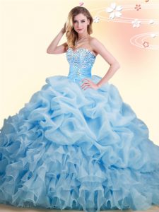 Baby Blue Sleeveless With Train Beading and Ruffles and Pick Ups Lace Up Sweet 16 Quinceanera Dress